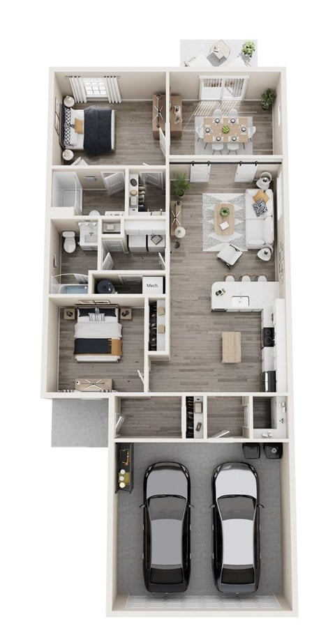 Floor plan for 2 beds, 2 baths, 1365 sqft
